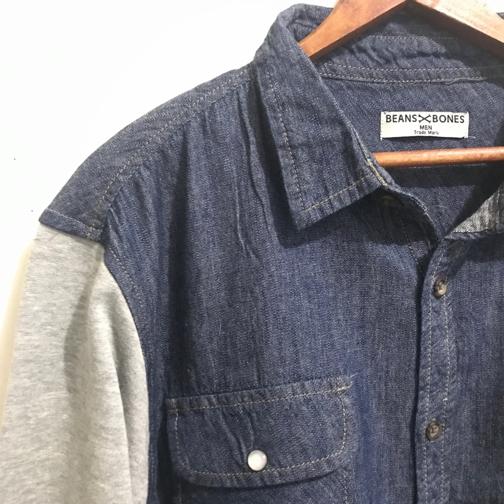 Denim button down shirt w gray fleece Long sleeve - Picture 4 of 8